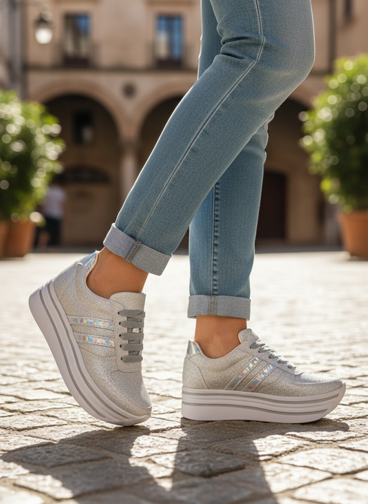 TENIS DE PLATAFORMA PLATEADOS GLITTER TORNASOL