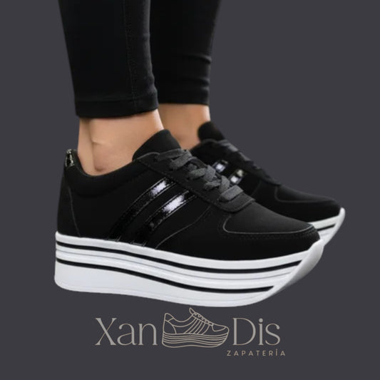 TENIS DE PLATAFORMA ALTA CUÑA DAMA NEGRO NOBUK RAYAS CHAROL
