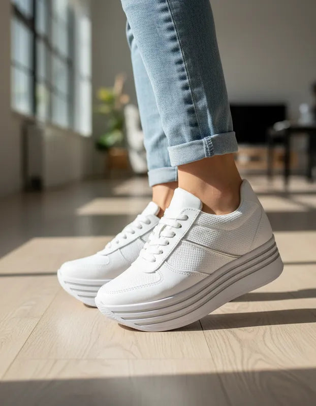 TENIS PLATAFORMA ALTA CUÑA ALTOS BLANCOS PUNTOS TIRA PLATA