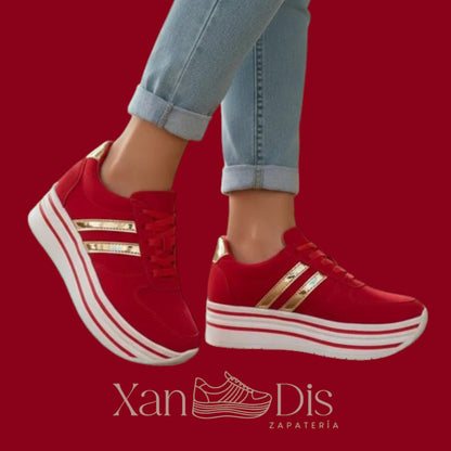 TENIS DE PLATAFORMA ALTA ROJOS ORO GAMUZA