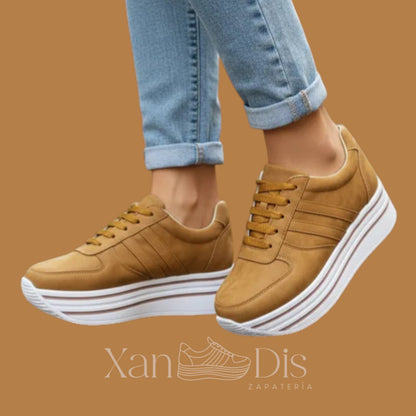 TENIS TIZA CAFÉ CAMEL PLATAFORMA ALTA CUÑA