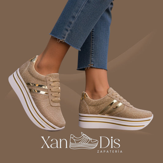 TENIS PLATAFORMA ALTA CUÑA DORADO ORO SPARK